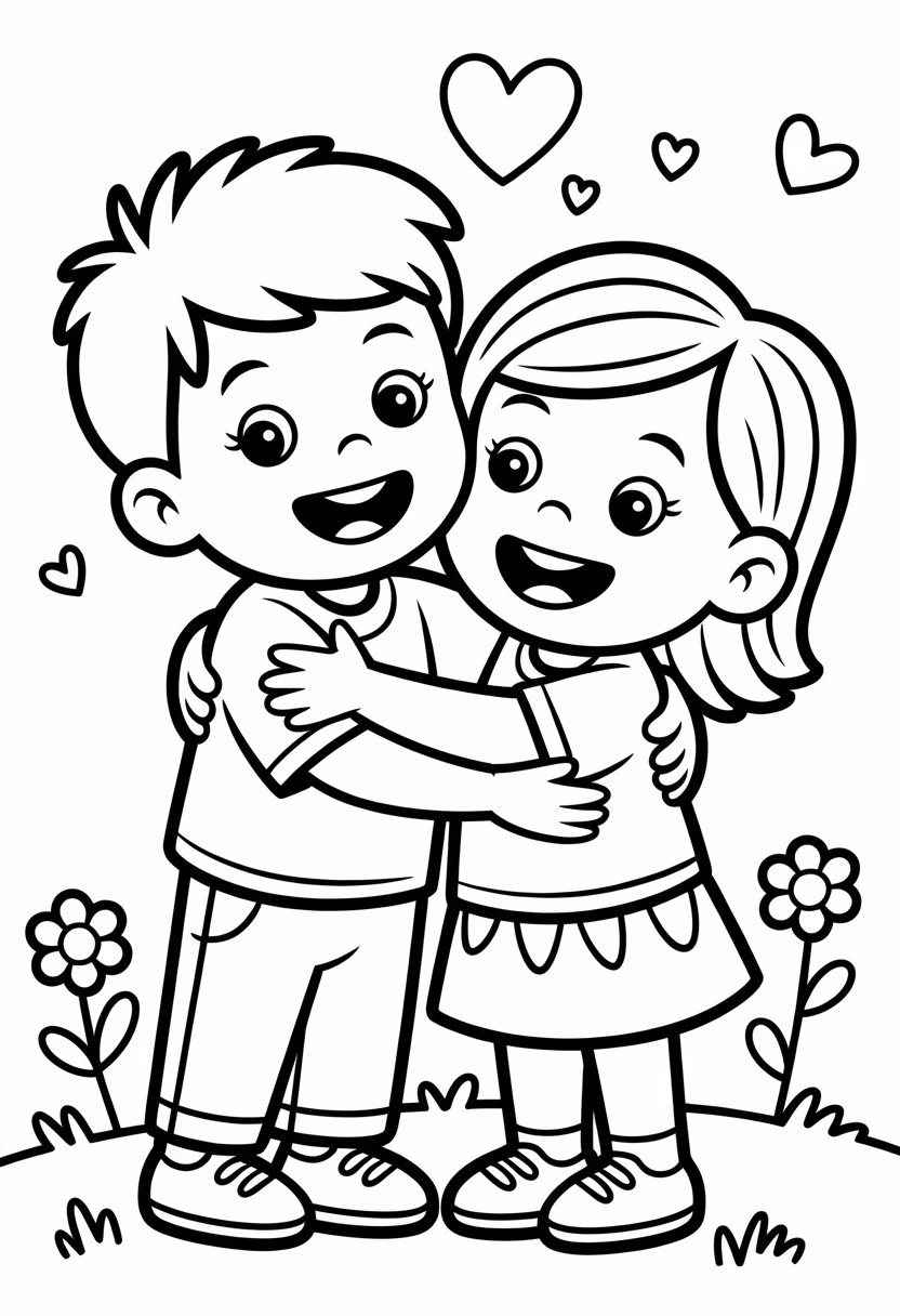 I Love My Family Coloring Pages List of 13 Fun and Educational Designs 28 Two siblings hugging each other and smiling with a small heart above them.